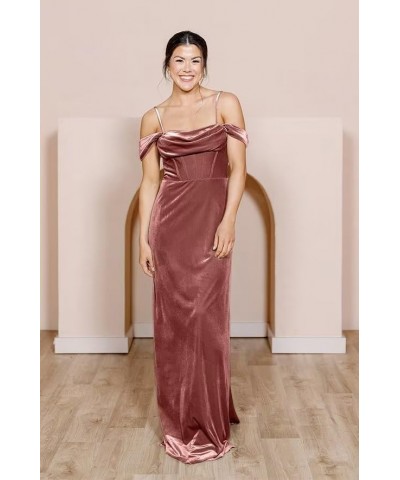 Velvet Off Shoulder Long Bridesmaid Dresses Cowl Neck Formal Gowns Evening Dress with Slit Dark Blue $27.50 Dresses