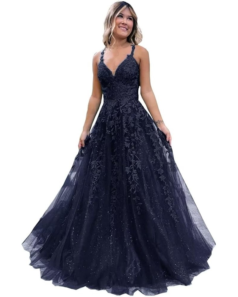 Lace Appliques Prom Dresses for Women Glitter Tulle Wedding Ball Gown V Neck Long Formal Evening Party Dress Navy Blue $29.96...