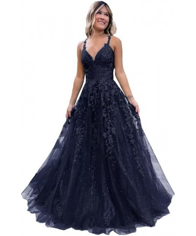 Lace Appliques Prom Dresses for Women Glitter Tulle Wedding Ball Gown V Neck Long Formal Evening Party Dress Navy Blue $29.96...