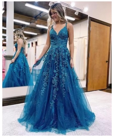 Lace Appliques Prom Dresses for Women Glitter Tulle Wedding Ball Gown V Neck Long Formal Evening Party Dress Navy Blue $29.96...