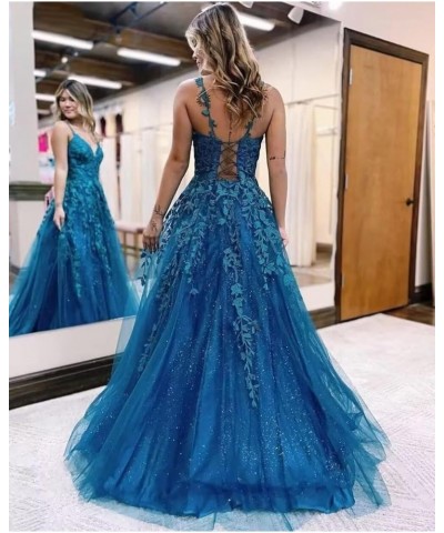 Lace Appliques Prom Dresses for Women Glitter Tulle Wedding Ball Gown V Neck Long Formal Evening Party Dress Navy Blue $29.96...