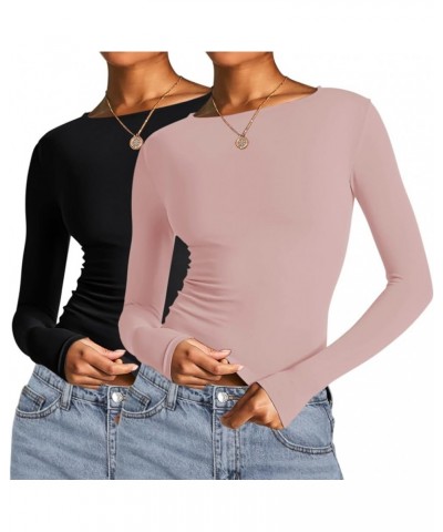 Long Sleeve Crop Tops for Women 2 Pack Fall Going Out Outfits Cute Tight Basic Tees Shirt One Black and One Pink $9.50 T-Shirts