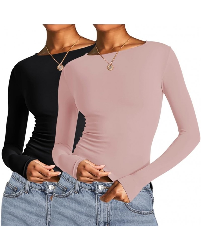 Long Sleeve Crop Tops for Women 2 Pack Fall Going Out Outfits Cute Tight Basic Tees Shirt One Black and One Pink $9.50 T-Shirts