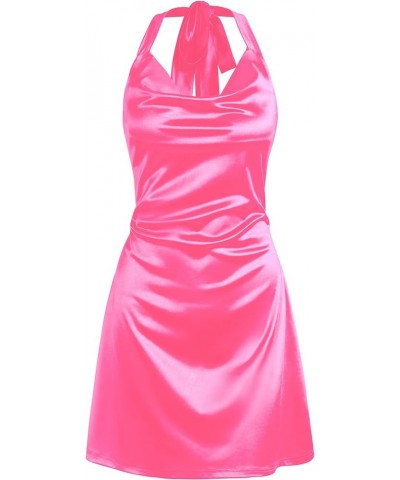 Women Halterneck Satin Mini Dress Sexy Cowl Neck Silky Party Cocktail Club Dress 0-hot Pink $20.24 Dresses