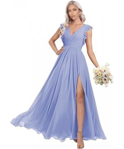 Women's Ruffles Bridesmaid Dresses with Slit Long V Neck Formal Party Dress with Pockets KO009 Lavender $29.14 Dresses