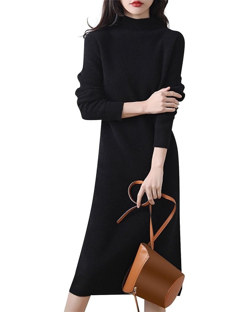 Women's Knit Sweater Dress Half High Collar Wool Knitted Dress Solid Color Long Sleeve Sweater Dress, S-2XL Ay1-black $11.50 ...