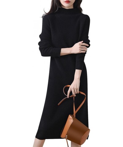 Women's Knit Sweater Dress Half High Collar Wool Knitted Dress Solid Color Long Sleeve Sweater Dress, S-2XL Ay1-black $11.50 ...