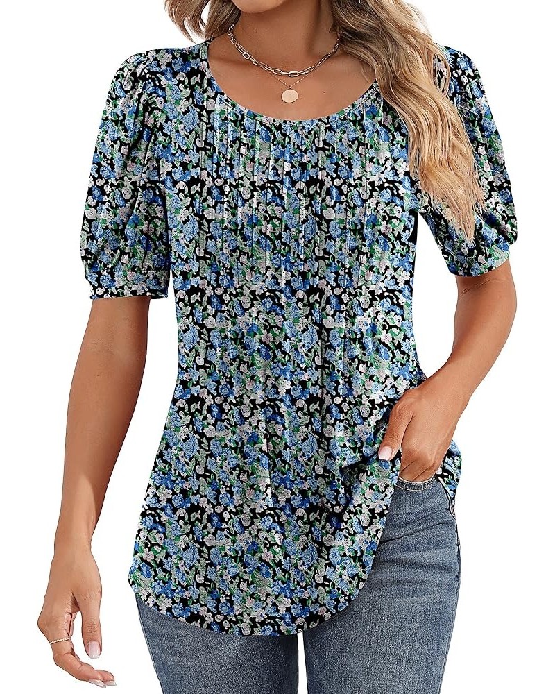 Women's Puff Short Sleeve Tunic Tops Pleated Crew Neck Blouses Dressy Casual Loose Spring and Summer T-Shirts Blue Flower $11...