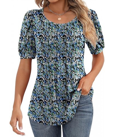 Women's Puff Short Sleeve Tunic Tops Pleated Crew Neck Blouses Dressy Casual Loose Spring and Summer T-Shirts Blue Flower $11...