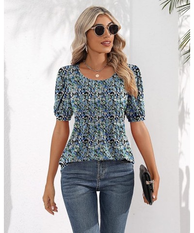 Women's Puff Short Sleeve Tunic Tops Pleated Crew Neck Blouses Dressy Casual Loose Spring and Summer T-Shirts Blue Flower $11...