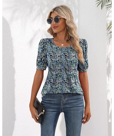 Women's Puff Short Sleeve Tunic Tops Pleated Crew Neck Blouses Dressy Casual Loose Spring and Summer T-Shirts Blue Flower $11...