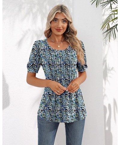 Women's Puff Short Sleeve Tunic Tops Pleated Crew Neck Blouses Dressy Casual Loose Spring and Summer T-Shirts Blue Flower $11...