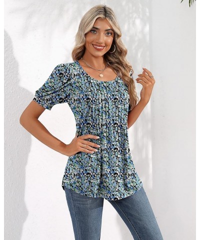 Women's Puff Short Sleeve Tunic Tops Pleated Crew Neck Blouses Dressy Casual Loose Spring and Summer T-Shirts Blue Flower $11...