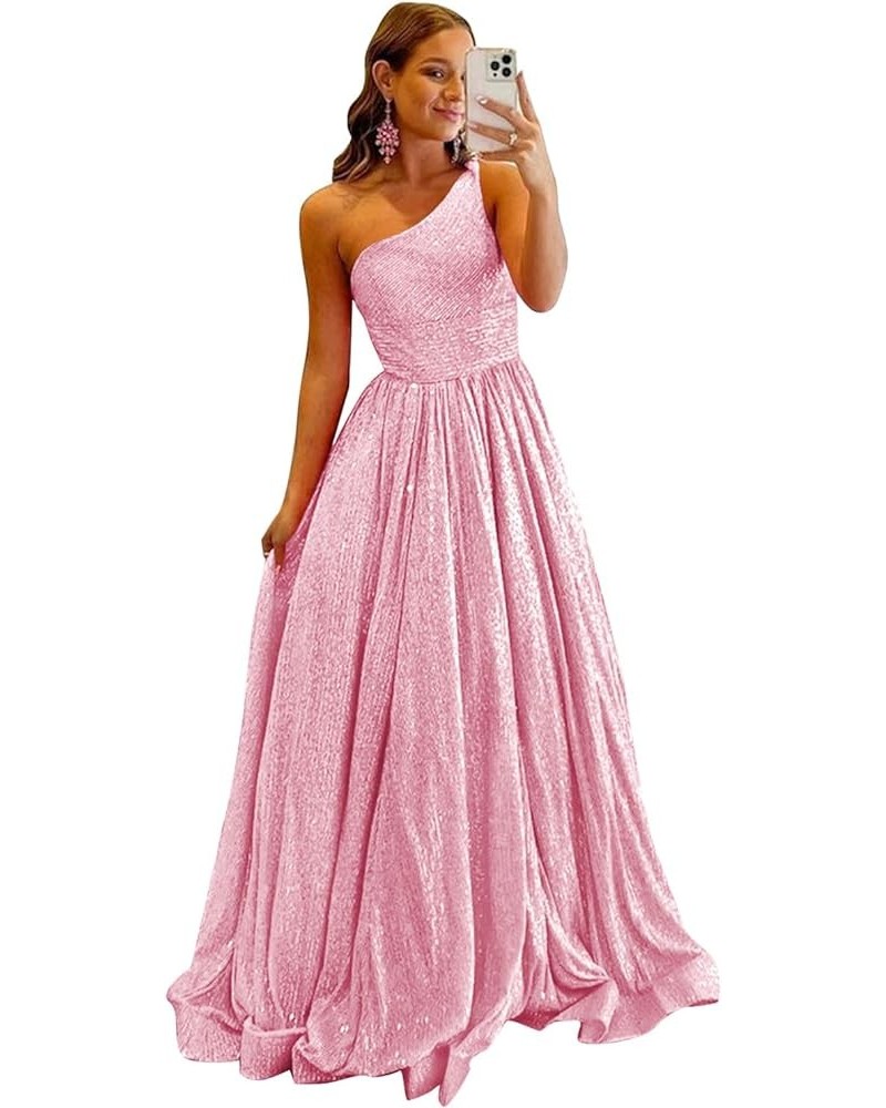 One Shoulder Sequin Prom Dresses 2024 Long Ball Gowns Formal Dresses for Women Sparkly with Pockets Pink $26.95 Dresses