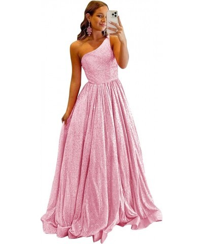 One Shoulder Sequin Prom Dresses 2024 Long Ball Gowns Formal Dresses for Women Sparkly with Pockets Pink $26.95 Dresses