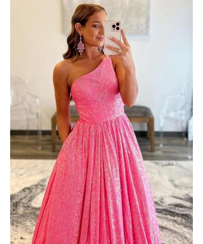 One Shoulder Sequin Prom Dresses 2024 Long Ball Gowns Formal Dresses for Women Sparkly with Pockets Pink $26.95 Dresses