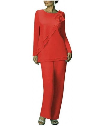 Plus Size Chiffon Mother of The Bride Pants Suits 2 PC Women Outfits Wedding Pants Sets Prom Party Wear Red $33.14 Suits