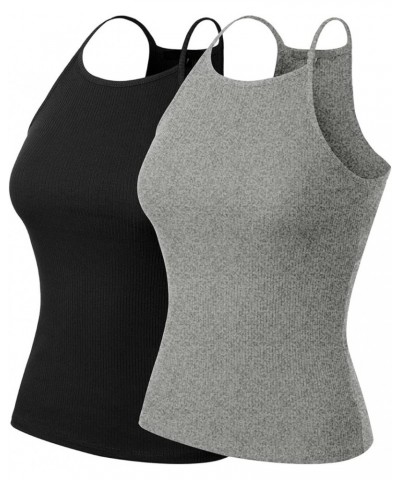 Women's Basic High Halter Neck Sleeveless Ribbed Racerback Tank Top - Pack 2pack - Black/H.grey $10.61 Tanks