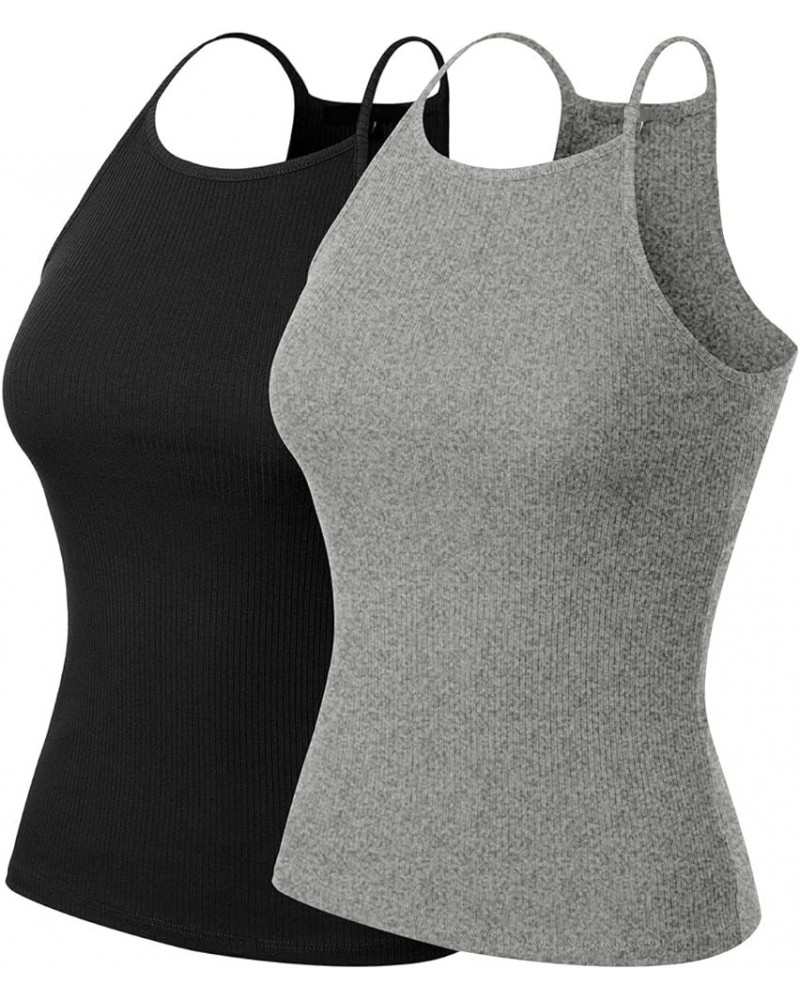 Women's Basic High Halter Neck Sleeveless Ribbed Racerback Tank Top - Pack 2pack - Black/H.grey $10.61 Tanks