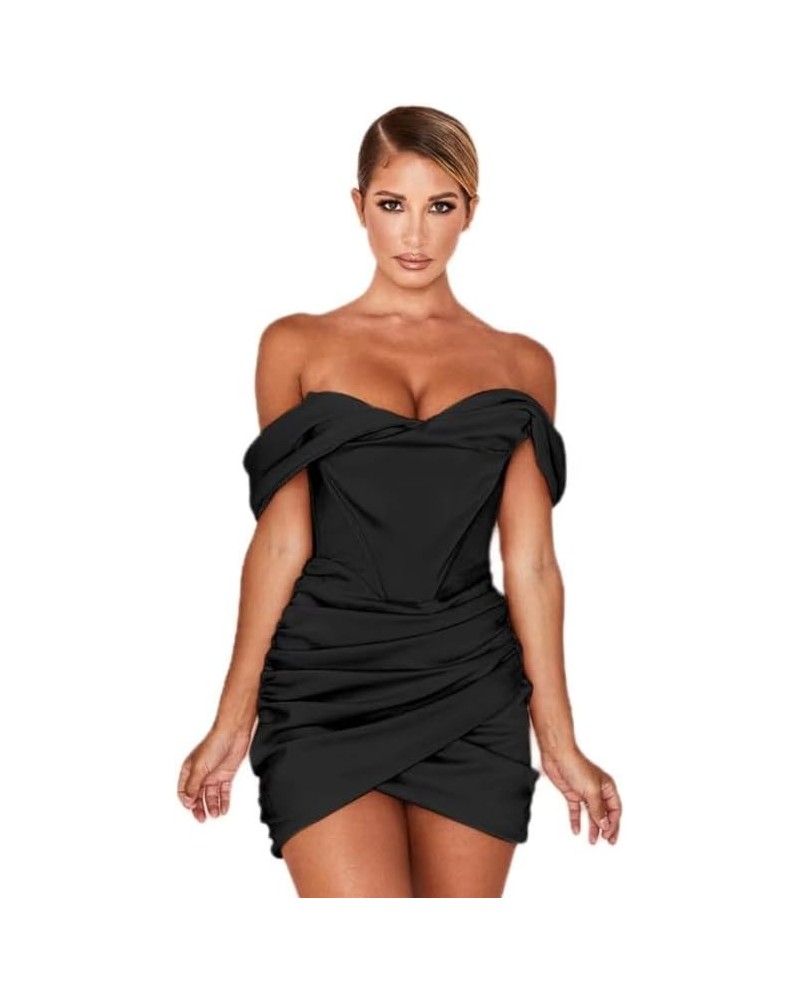 Woman Elegant Backless Chic Ruched Bodice Off Shoulder Satin Bodycon Mid Split Tube Top Wedding Party Midi Dress Black $32.45...