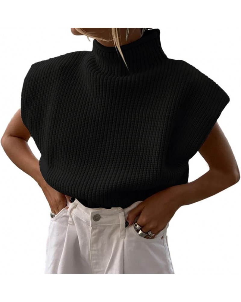 Women's Solid Sleeveless Vest Elegant High Neck Stetchable Cap Sleeve Knit Sweater Tops Black $15.59 Sweaters