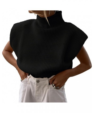 Women's Solid Sleeveless Vest Elegant High Neck Stetchable Cap Sleeve Knit Sweater Tops Black $15.59 Sweaters