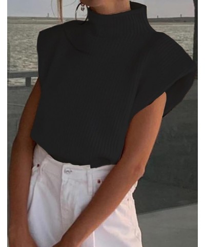 Women's Solid Sleeveless Vest Elegant High Neck Stetchable Cap Sleeve Knit Sweater Tops Black $15.59 Sweaters