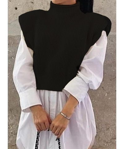 Women's Solid Sleeveless Vest Elegant High Neck Stetchable Cap Sleeve Knit Sweater Tops Black $15.59 Sweaters