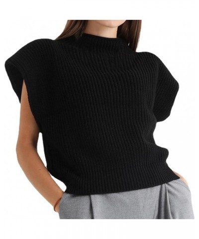 Women's Solid Sleeveless Vest Elegant High Neck Stetchable Cap Sleeve Knit Sweater Tops Black $15.59 Sweaters