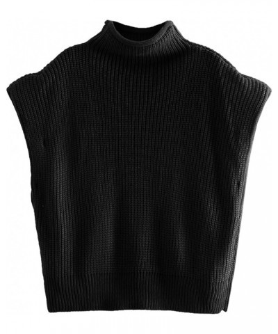 Women's Solid Sleeveless Vest Elegant High Neck Stetchable Cap Sleeve Knit Sweater Tops Black $15.59 Sweaters