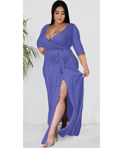 Women's Plus Size Maxi Dresses 3/4 Sleeve Casual V Neck Dress with Belt Pockets 06-royal Purple $20.58 Dresses