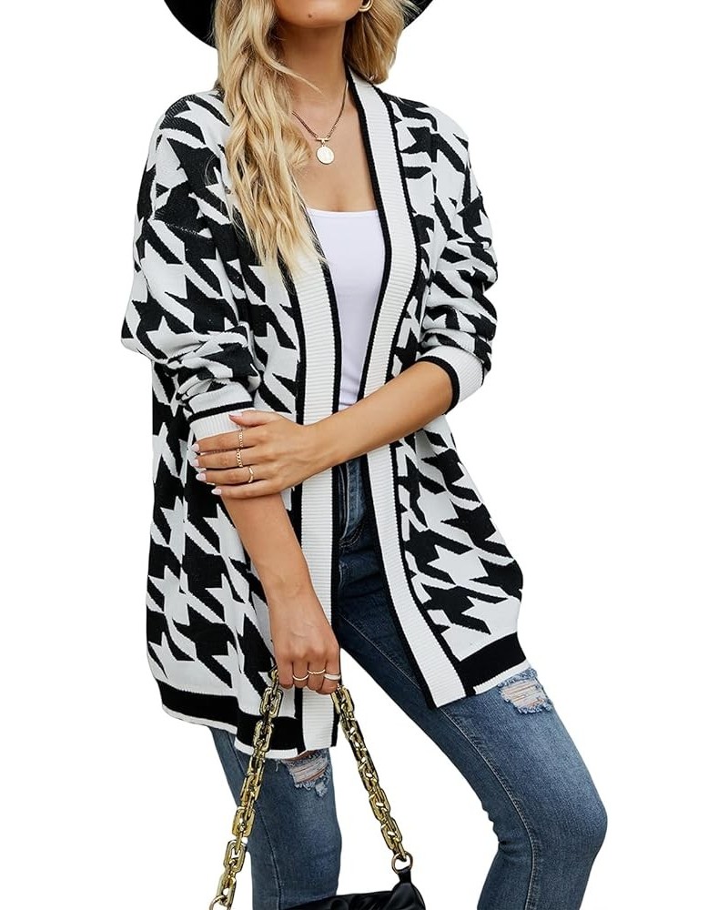 Women Long-Length Knitted Cardigan Black Stripe Pattern Autumn Long Sleeve Sweater Contrast Color Coat Black White $15.18 Swe...