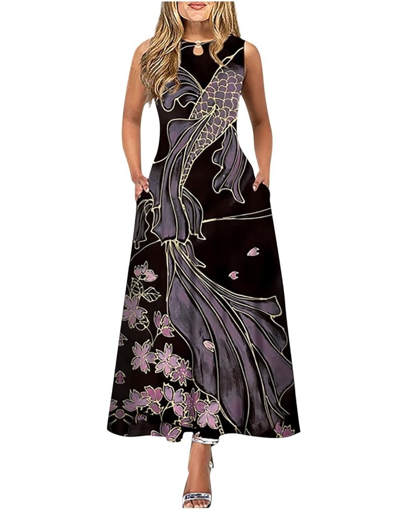 Holiday Dresses for Women Fashion Floral Print Sleeveless Maxi Dress Elegant Casual O Neck A Line Plus Size Dress E-black $10...