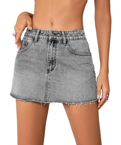 Women's Single Button Front Raw Hem Plain Denim Mini Skirt with Pockets Grey $12.48 Skirts