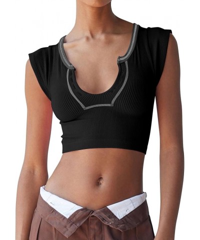 Women's Crop Tops Slim Fit Ribbed Knit Basic Tank Tops Short Sleeve Shirt Y2k Top A-black $12.99 Tanks