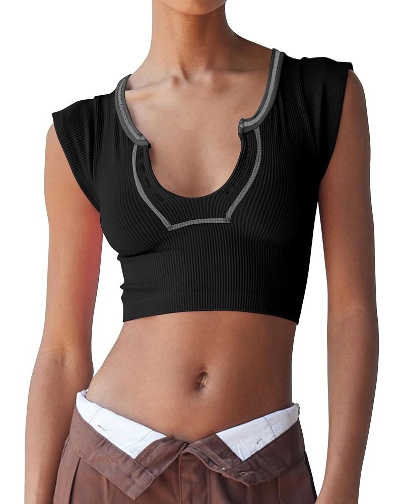 Women's Crop Tops Slim Fit Ribbed Knit Basic Tank Tops Short Sleeve Shirt Y2k Top A-black $12.99 Tanks