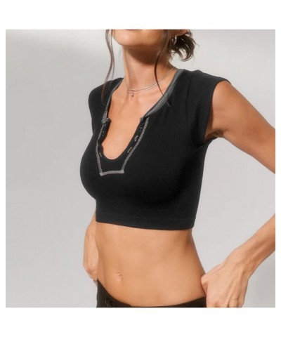 Women's Crop Tops Slim Fit Ribbed Knit Basic Tank Tops Short Sleeve Shirt Y2k Top A-black $12.99 Tanks