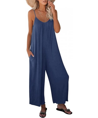 Womens Casual Loose Sleeveless Bohemian Beach Jumpsuits Spaghetti Strap Wide Leg Rompers with Pockets Z-navy Blue-no Stretch-...