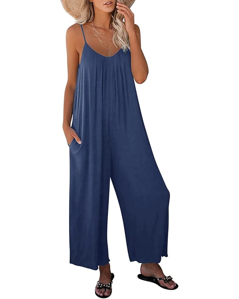 Womens Casual Loose Sleeveless Bohemian Beach Jumpsuits Spaghetti Strap Wide Leg Rompers with Pockets Z-navy Blue-no Stretch-...