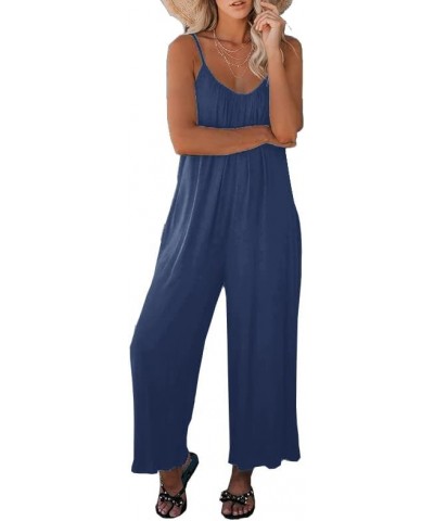 Womens Casual Loose Sleeveless Bohemian Beach Jumpsuits Spaghetti Strap Wide Leg Rompers with Pockets Z-navy Blue-no Stretch-...