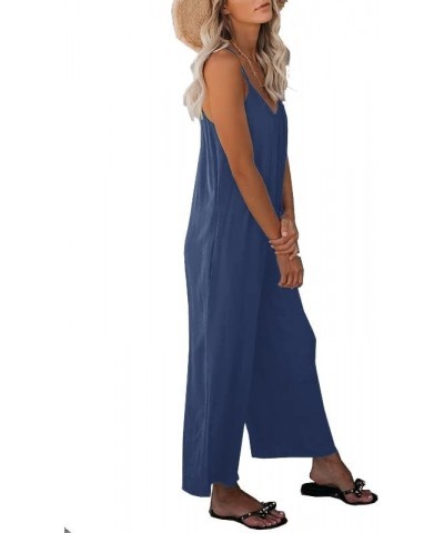 Womens Casual Loose Sleeveless Bohemian Beach Jumpsuits Spaghetti Strap Wide Leg Rompers with Pockets Z-navy Blue-no Stretch-...