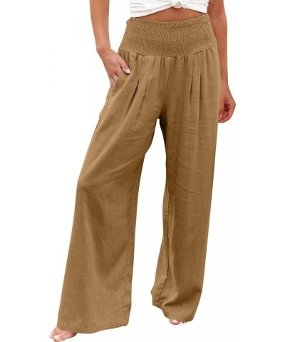 Wide Leg Pants for Women 2023 Casual Linen Palazzo Summer High Waist Trendy Smocked Lounge Pant Trousers with Pocket D09_yell...