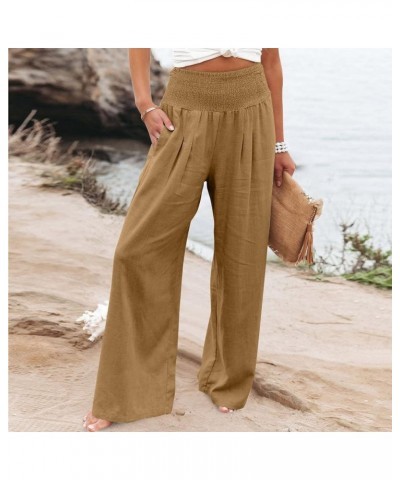 Wide Leg Pants for Women 2023 Casual Linen Palazzo Summer High Waist Trendy Smocked Lounge Pant Trousers with Pocket D09_yell...