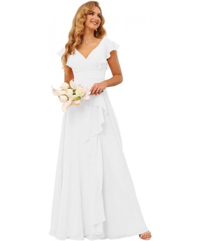 Long Chiffon Bridesmaid Dresses for Women V Neck Ruffled Split Long Formal Evening Dress CM176 White $24.08 Dresses