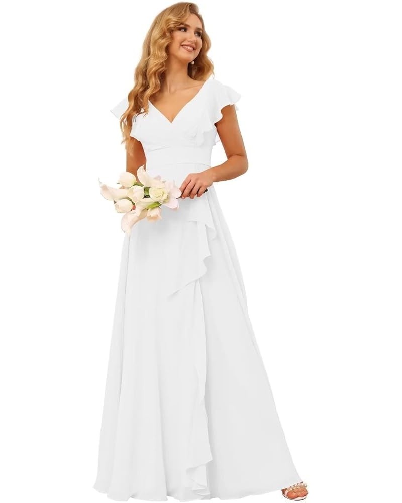 Long Chiffon Bridesmaid Dresses for Women V Neck Ruffled Split Long Formal Evening Dress CM176 White $24.08 Dresses