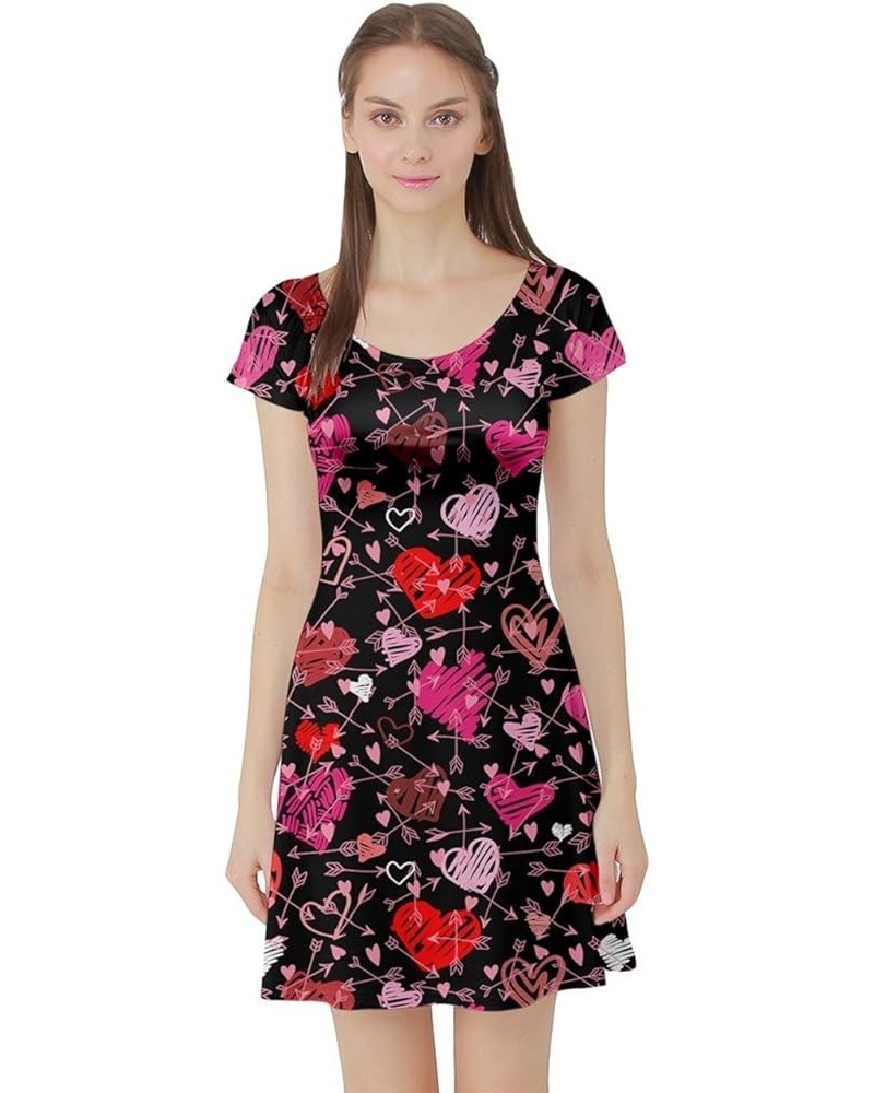 Womens Cute Pink Valentine Day Love Heart Pattern Short Sleeve Skater Dress, XS-5XL Black Arrows $12.90 Dresses