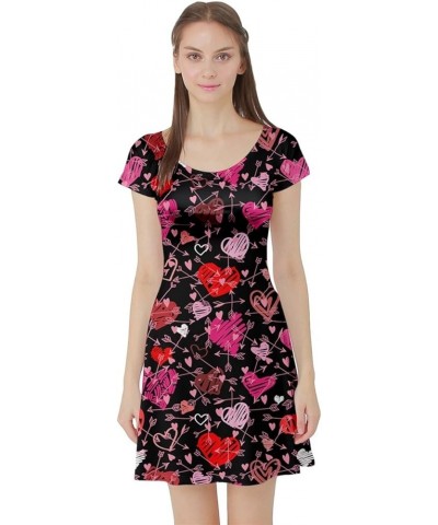 Womens Cute Pink Valentine Day Love Heart Pattern Short Sleeve Skater Dress, XS-5XL Black Arrows $12.90 Dresses