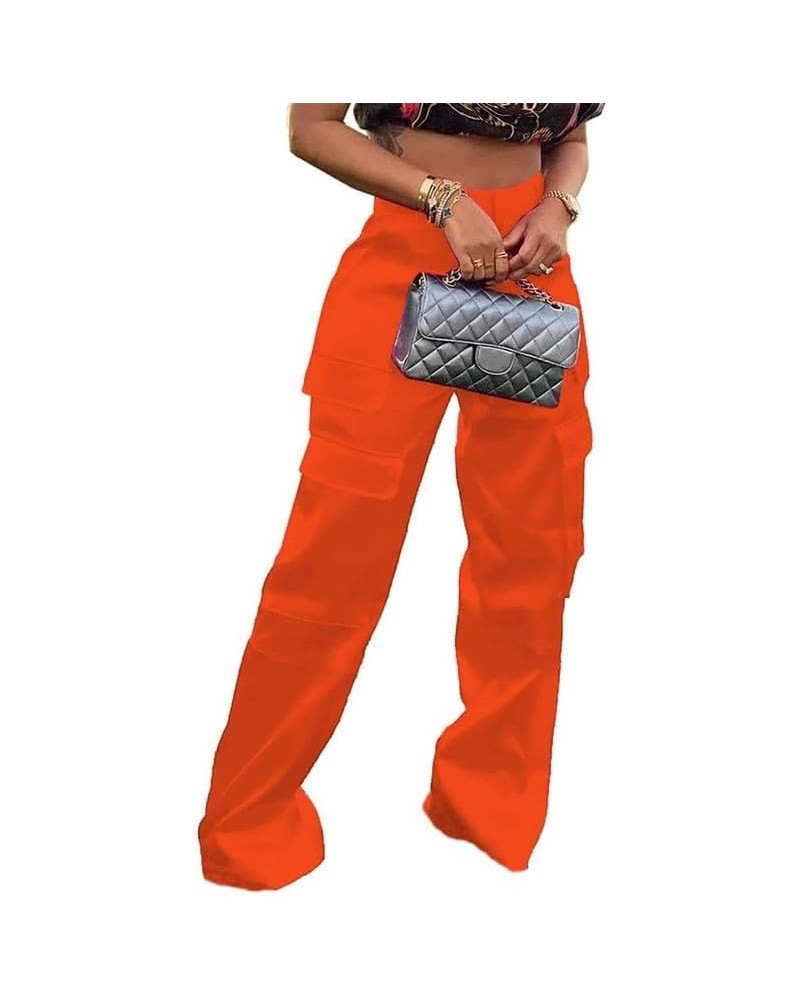 Women's Shiny Metallic Holographic Straight Leg Faux Leather Pants with Pockets and High Waist Satin Cargo Pants W8409-orange...