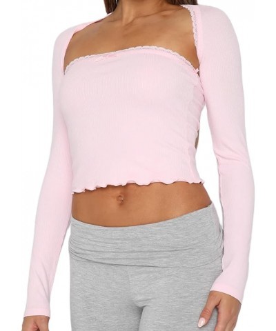 Women's Lace Trim Long Sleeve 2 Piece Set Tube Tops with Bolero Shrugs Y2K Crop Top Sexy Going Out T Shirts 8707 Pink $11.86 ...