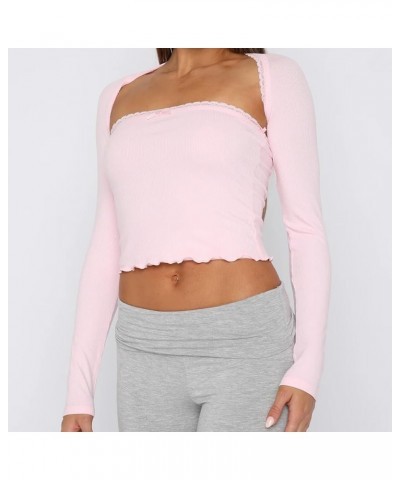 Women's Lace Trim Long Sleeve 2 Piece Set Tube Tops with Bolero Shrugs Y2K Crop Top Sexy Going Out T Shirts 8707 Pink $11.86 ...